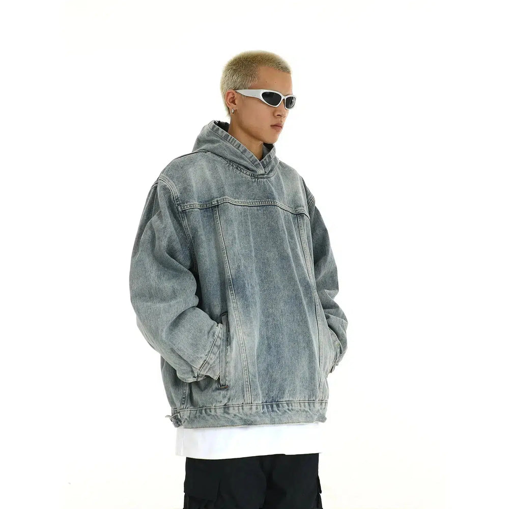 Washed Hooded Denim Sweatshirt