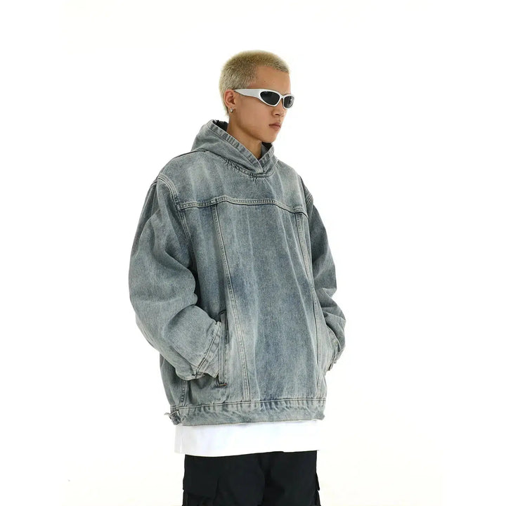 Washed Hooded Denim Sweatshirt