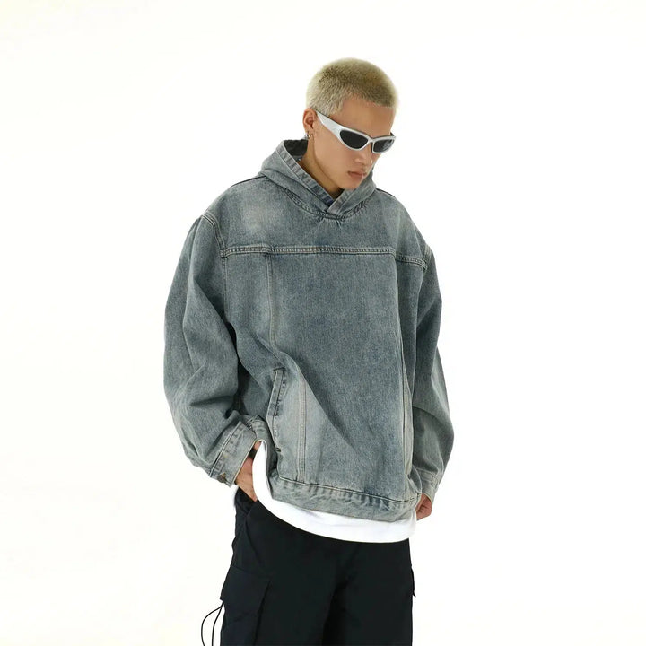 Washed Hooded Denim Sweatshirt