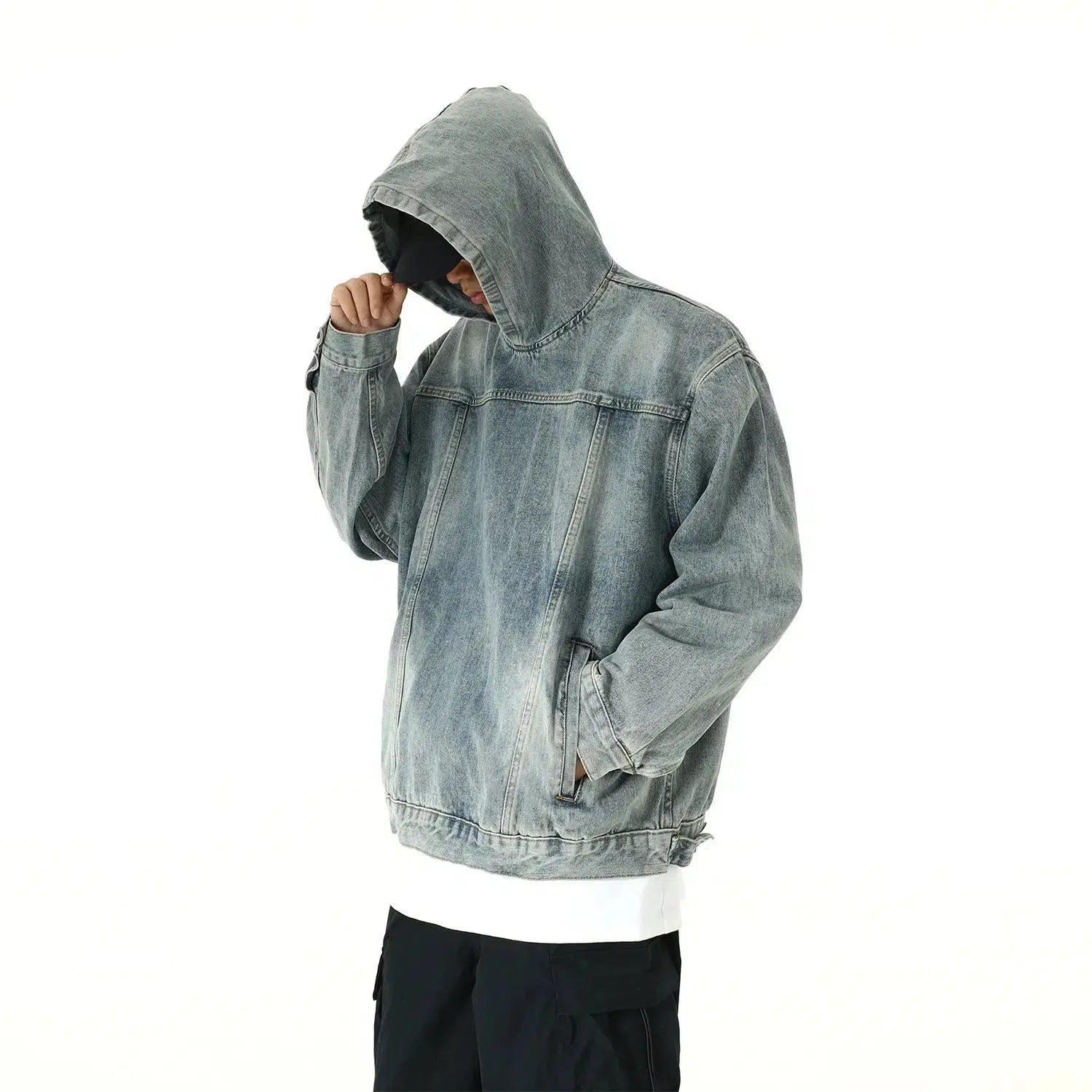 Washed Hooded Denim Sweatshirt