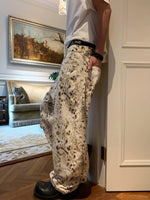 Washed Leopard Wide-Leg Denim Pants