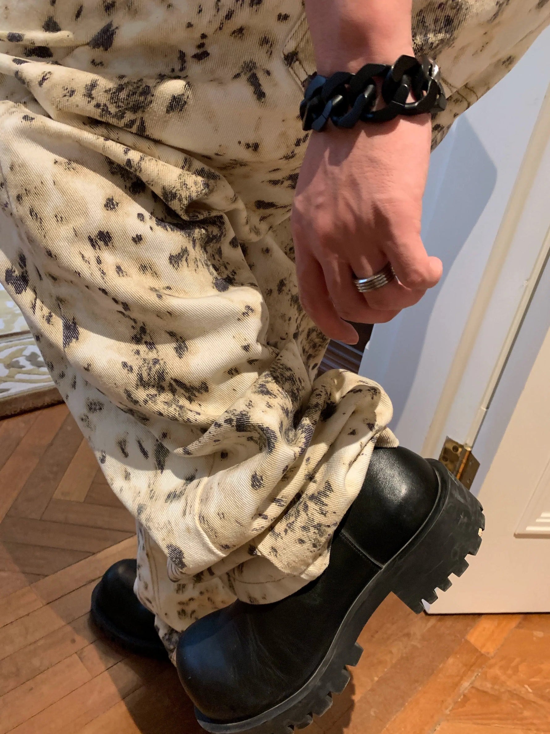 Washed Leopard Wide-Leg Denim Pants