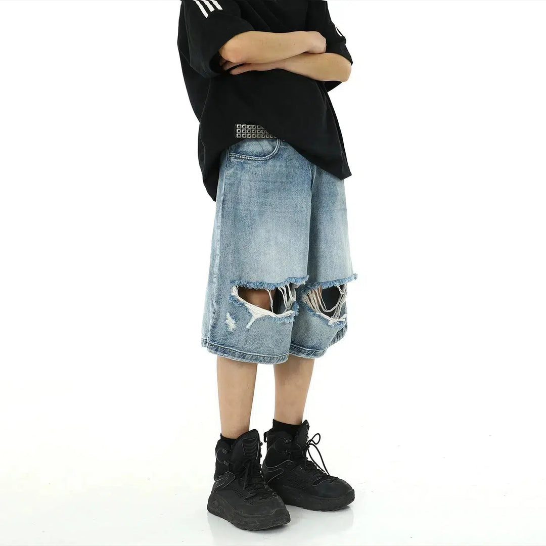 Washed Ripped Denim Shorts
