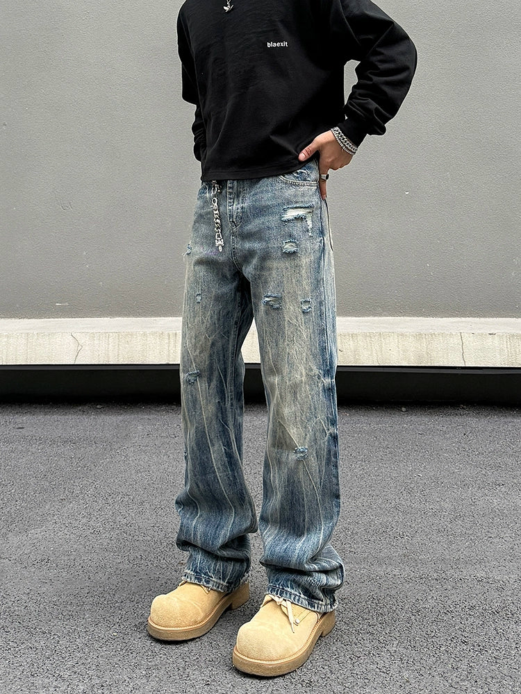 Washed Ripped Straight-Leg Denim Pants
