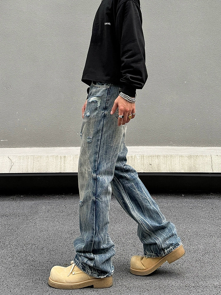 Washed Ripped Straight-Leg Denim Pants