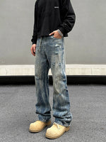Washed Ripped Straight-Leg Denim Pants