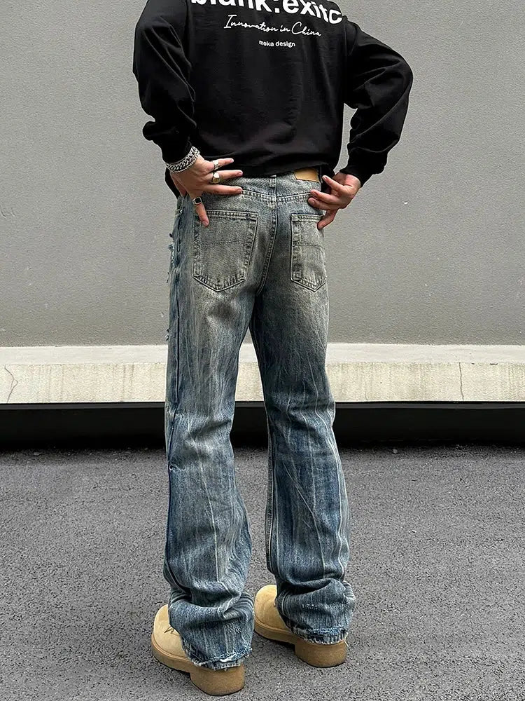 Washed Ripped Straight-Leg Denim Pants