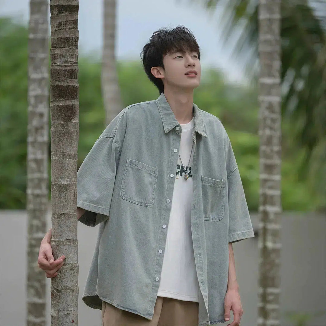 Washed Short-Sleeved Denim Shirt
