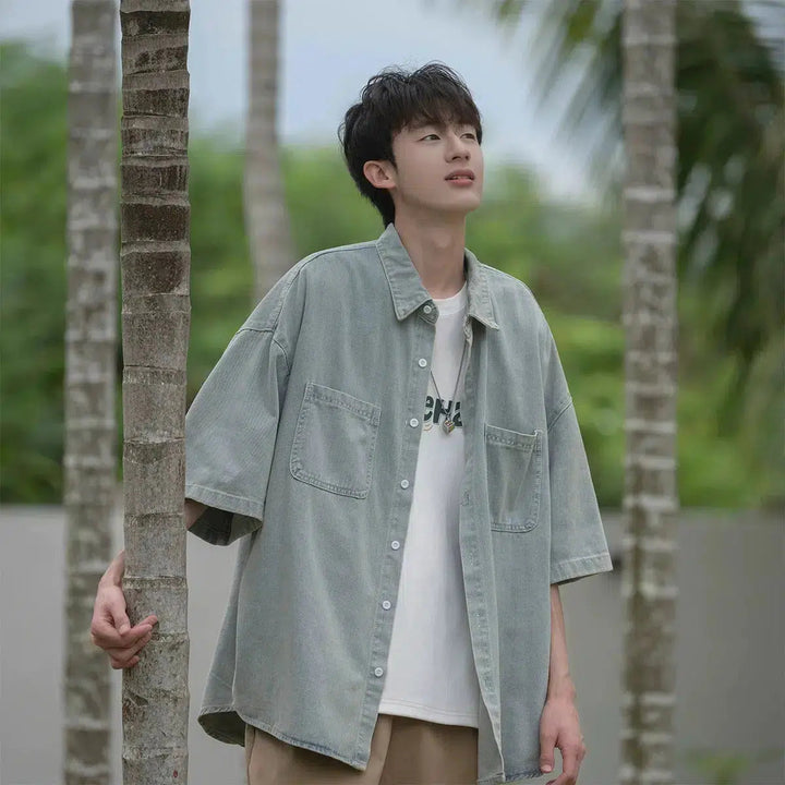 Washed Short-Sleeved Denim Shirt