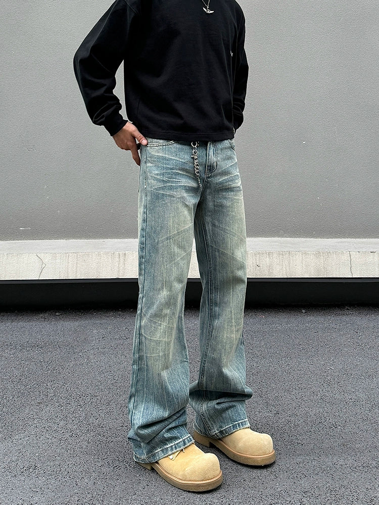 Washed Straight Leg Distressed Denim Pants