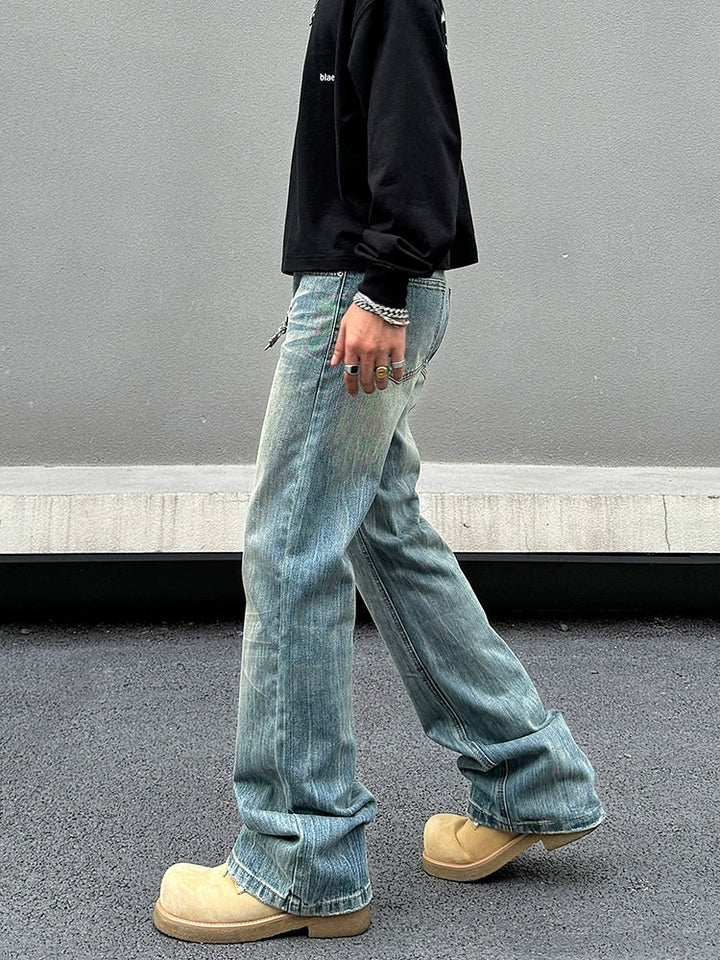 Washed Straight Leg Distressed Denim Pants