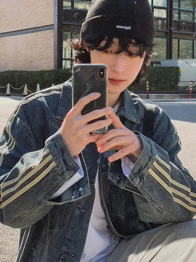 Washed Three-Stripe Denim Jacket