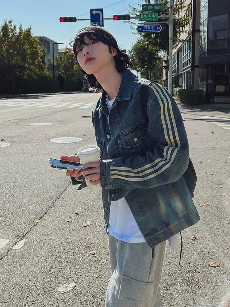 Washed Three-Stripe Denim Jacket
