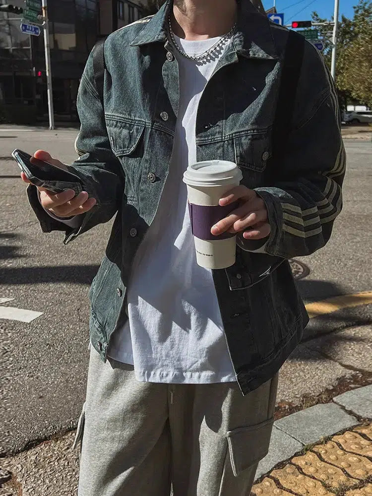 Washed Three-Stripe Denim Jacket