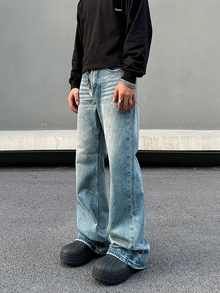Washed Wide-Leg Distressed Jeans
