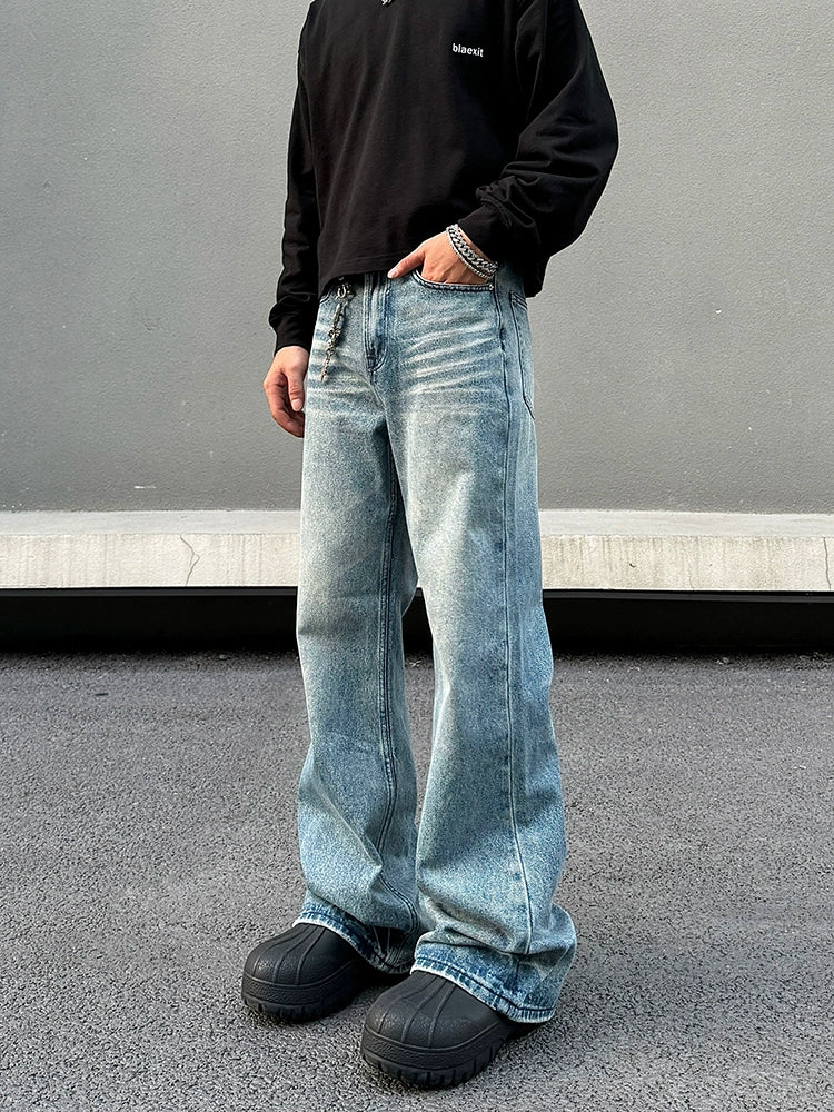 Washed Wide-Leg Distressed Jeans