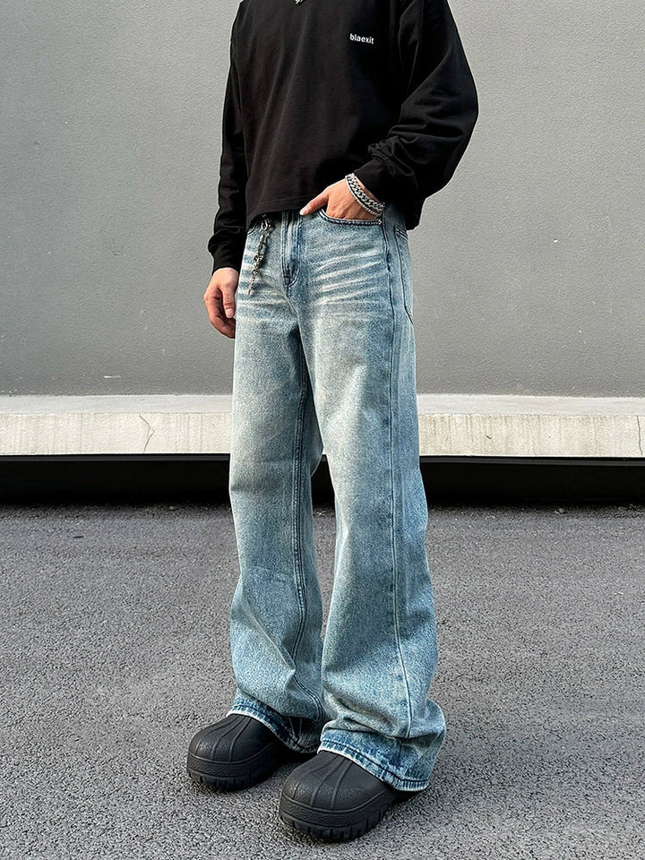 Washed Wide-Leg Distressed Jeans