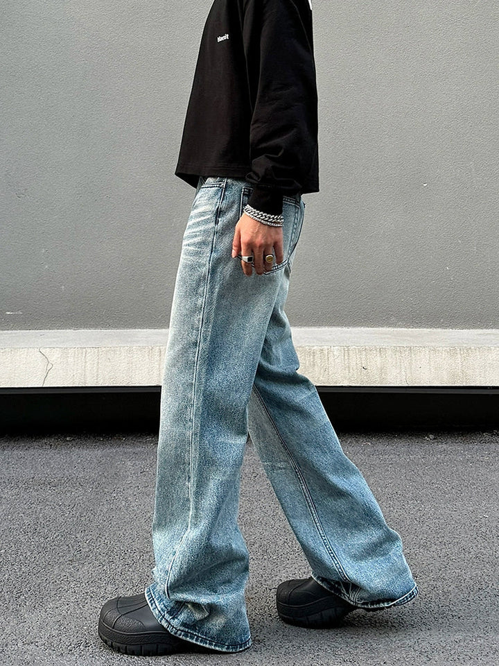 Washed Wide-Leg Distressed Jeans