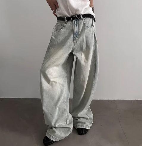 Washed Wide-Leg Metal Button Jeans