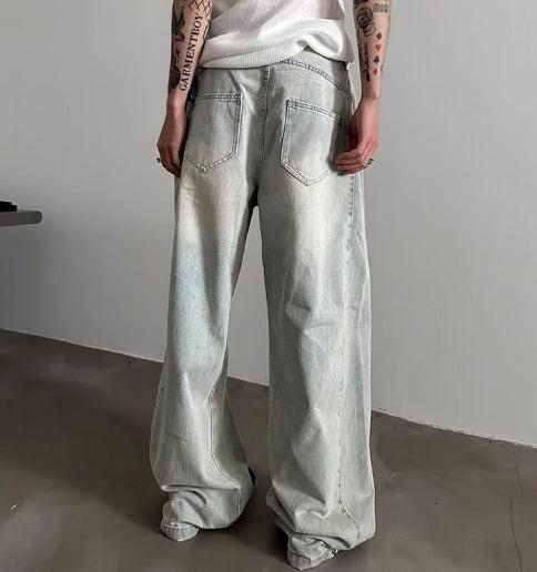 Washed Wide-Leg Metal Button Jeans