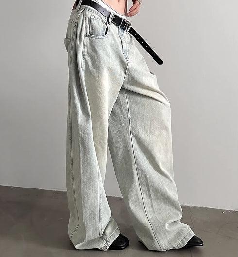 Washed Wide-Leg Metal Button Jeans