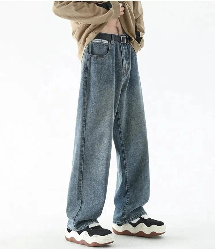 Washed Wide-leg Blue Straight Jeans