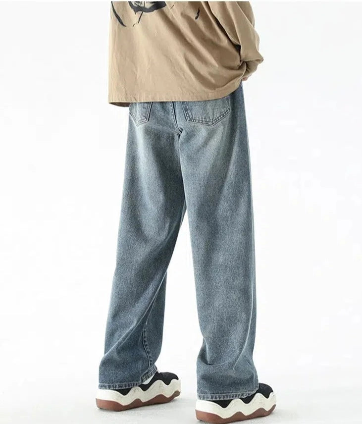 Washed Wide-leg Blue Straight Jeans