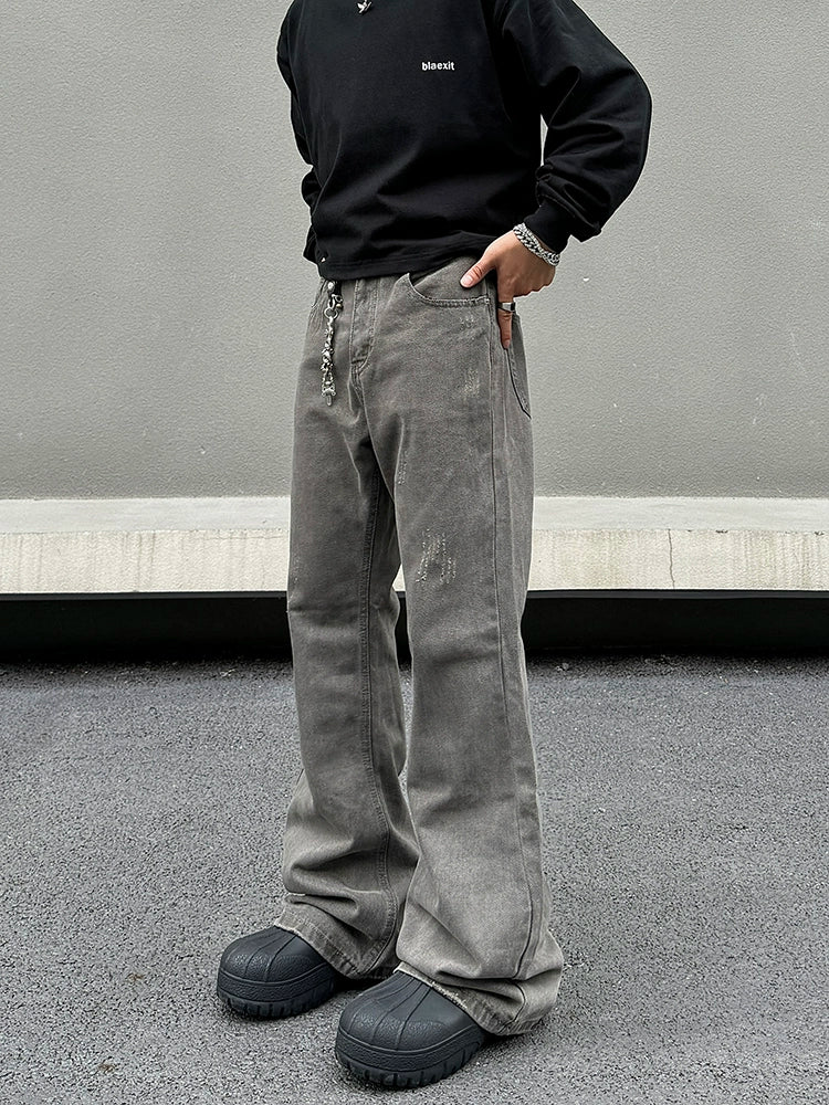 Wide-Leg Distressed Denim Pants