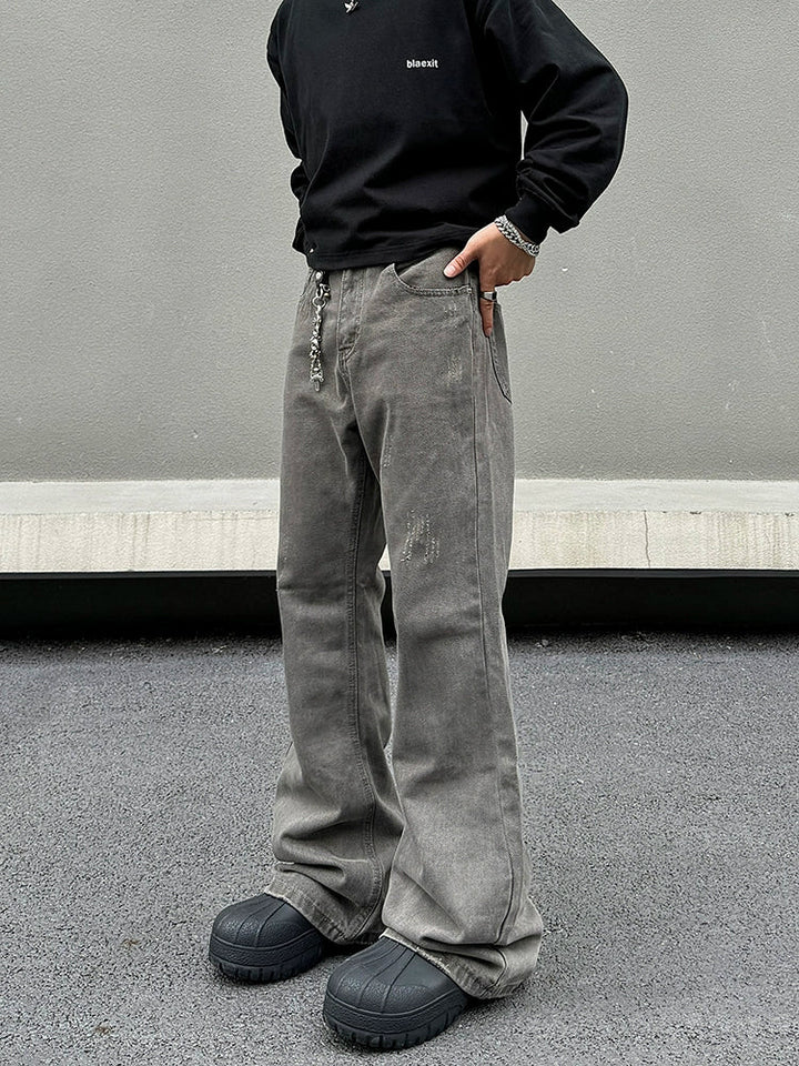 Wide-Leg Distressed Denim Pants