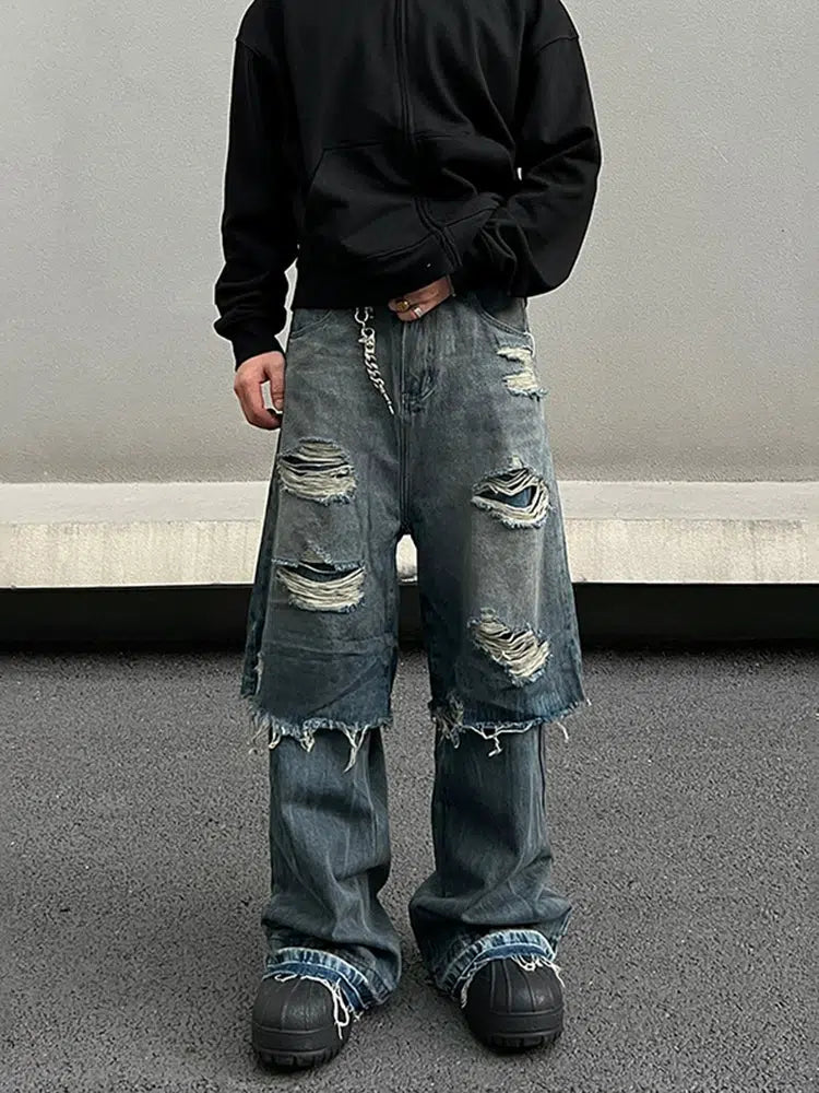 Wide-Leg Distressed Denim Pants