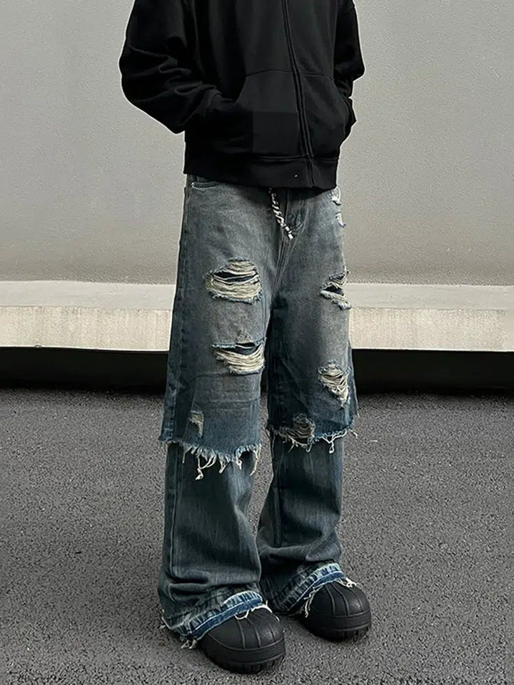 Wide-Leg Distressed Denim Pants