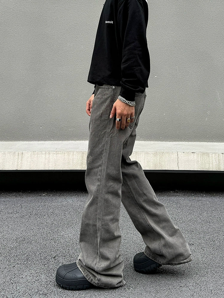 Wide-Leg Distressed Denim Pants