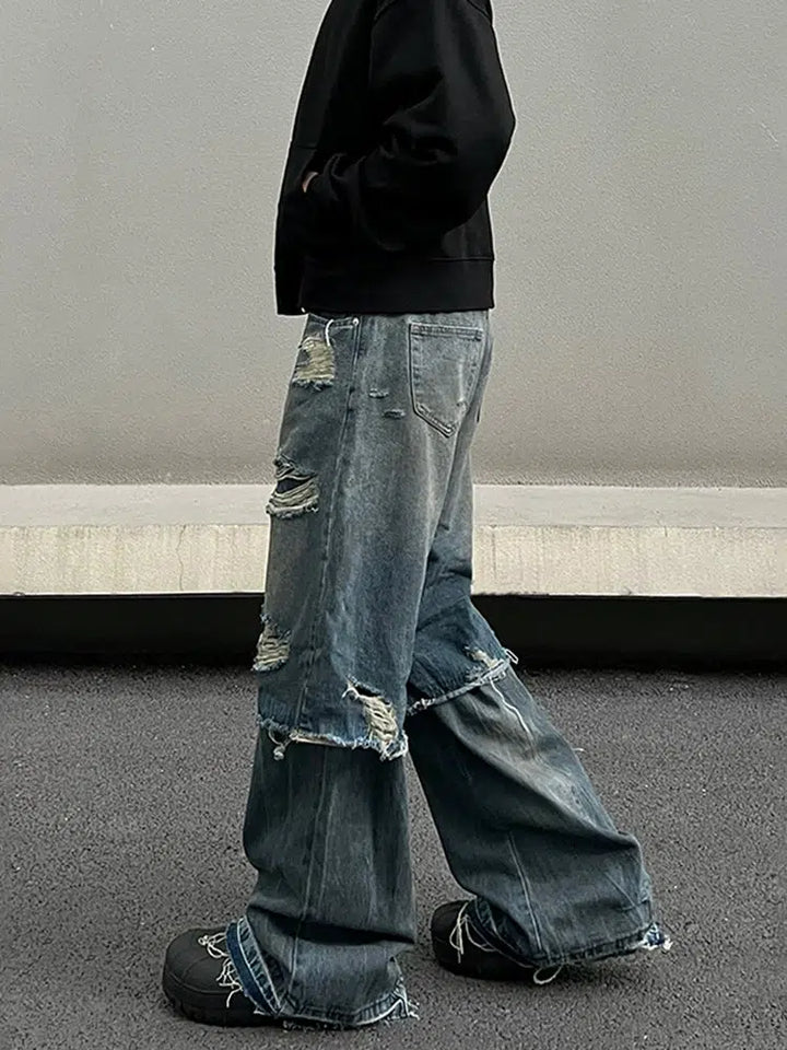 Wide-Leg Distressed Denim Pants