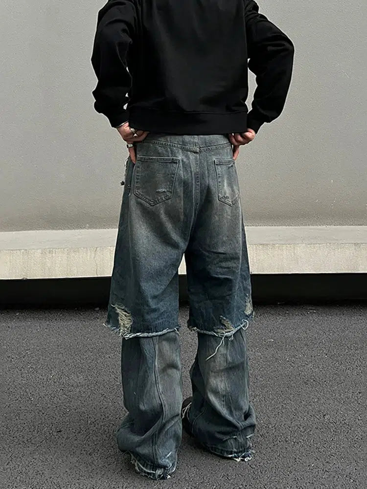 Wide-Leg Distressed Denim Pants