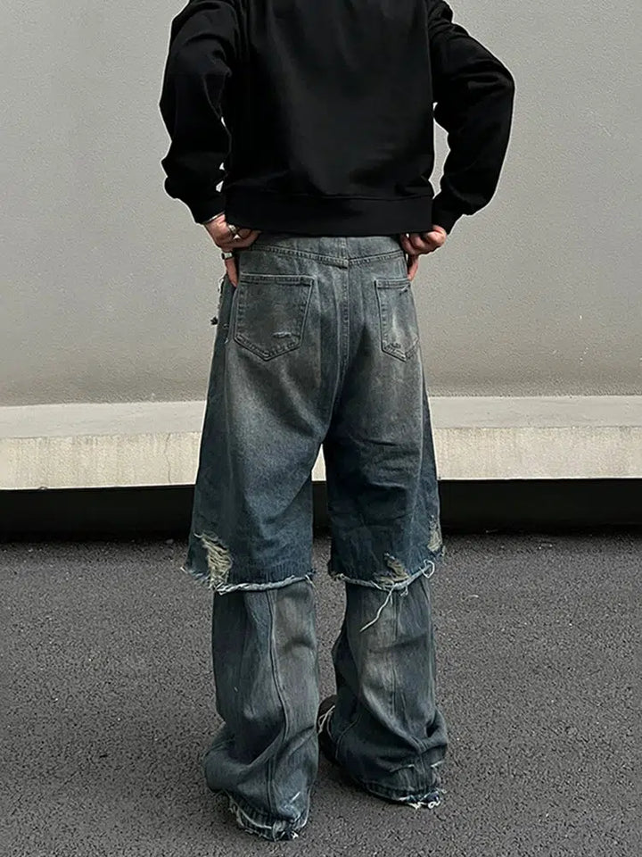 Wide-Leg Distressed Denim Pants