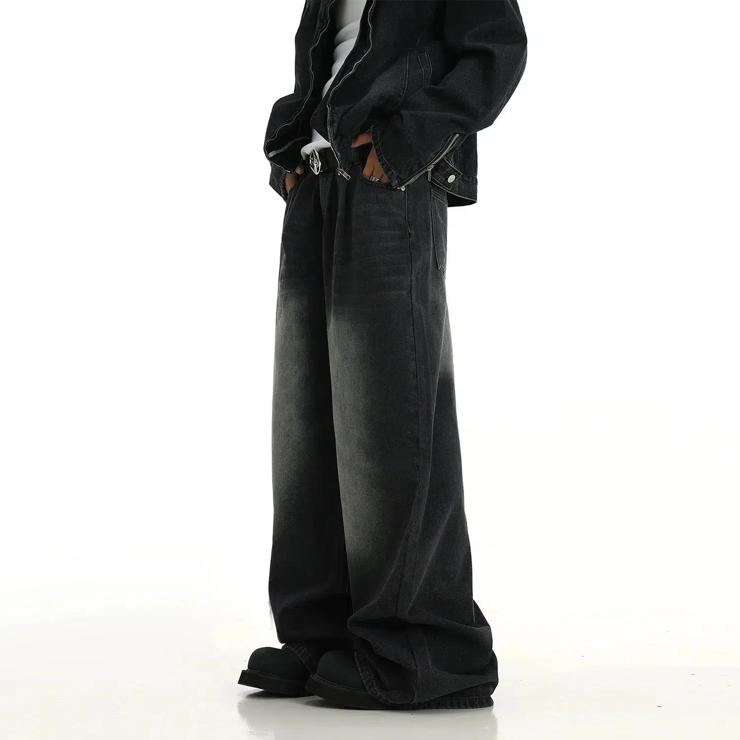 Wide-Leg Distressed Washed Jeans