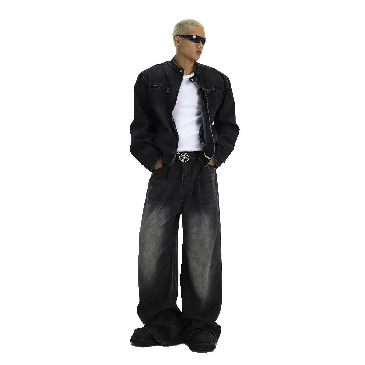 Wide-Leg Distressed Washed Jeans