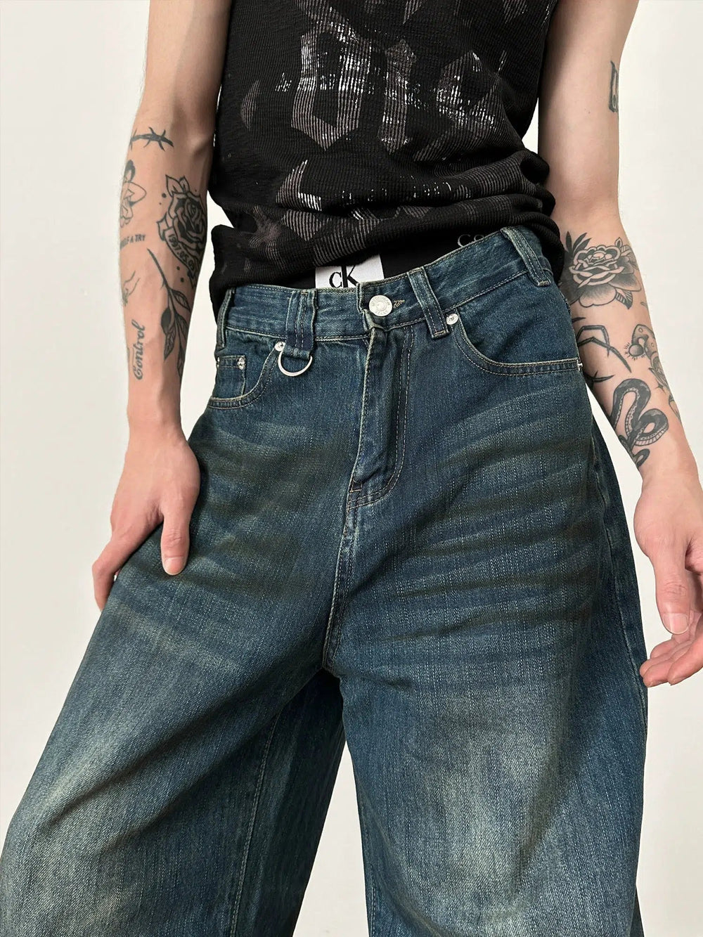 Wide-Leg Faded Denim Pants