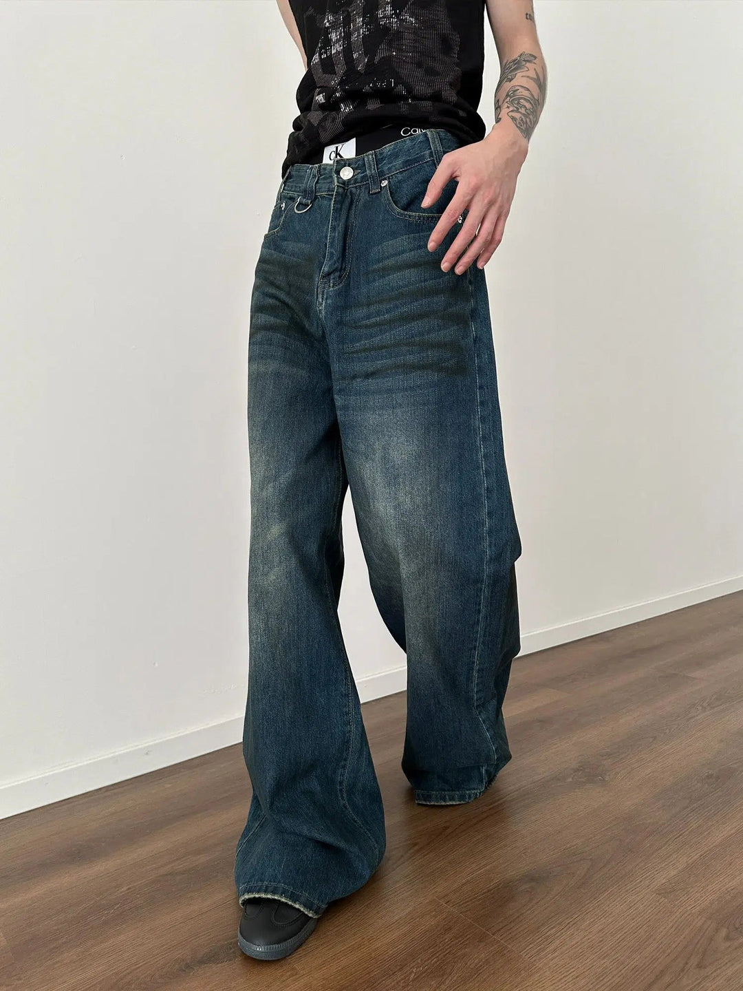 Wide-Leg Faded Denim Pants