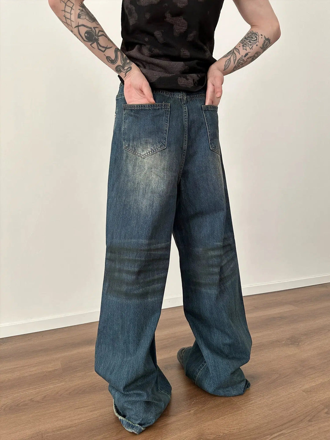 Wide-Leg Faded Denim Pants