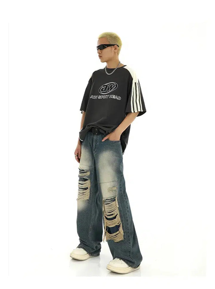 Wide-Leg Patch Hole Jeans