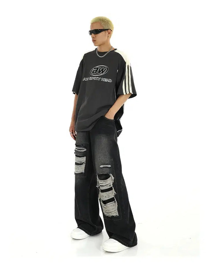 Wide-Leg Patch Hole Jeans