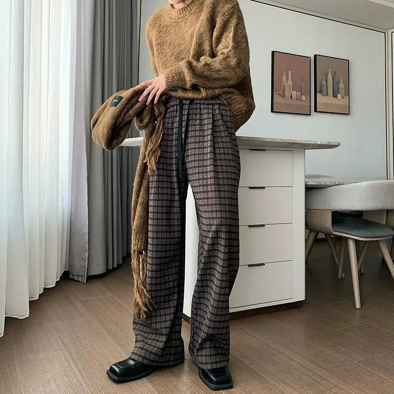 Wide-Leg Plaid Casual Pants