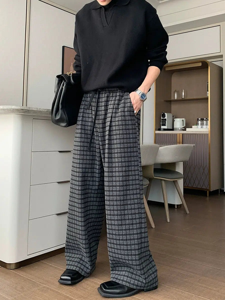 Wide-Leg Plaid Casual Pants