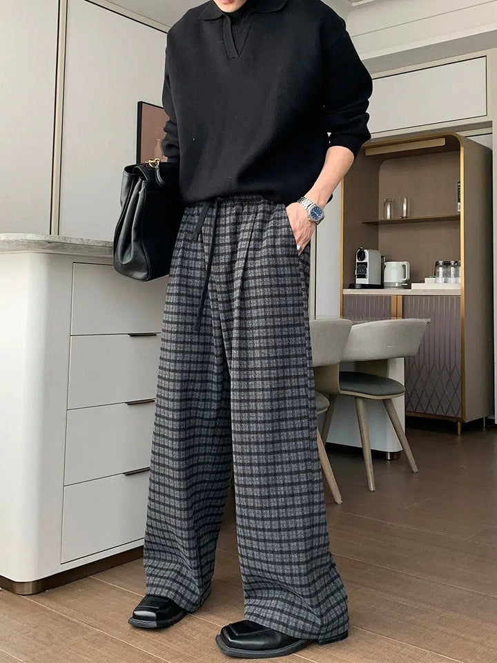 Wide-Leg Plaid Casual Pants