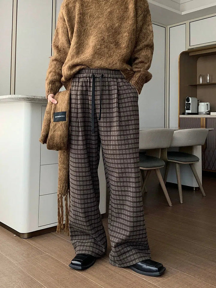 Wide-Leg Plaid Casual Pants