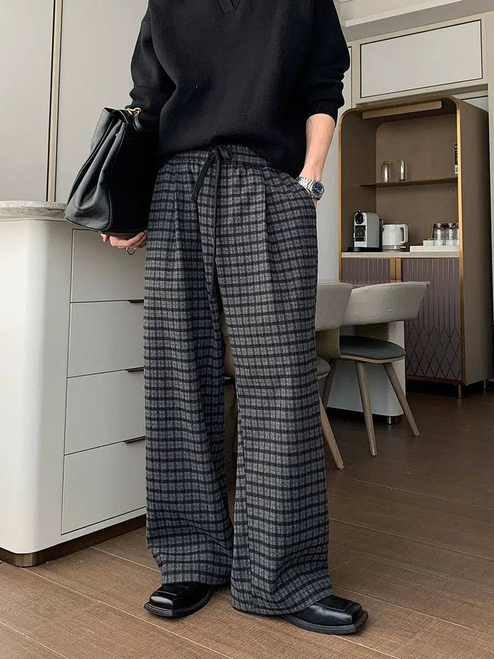 Wide-Leg Plaid Casual Pants