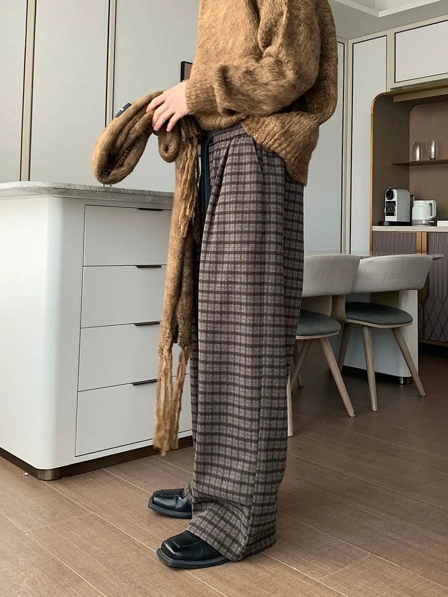 Wide-Leg Plaid Casual Pants