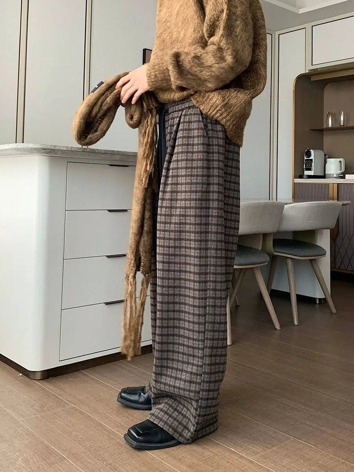 Wide-Leg Plaid Casual Pants