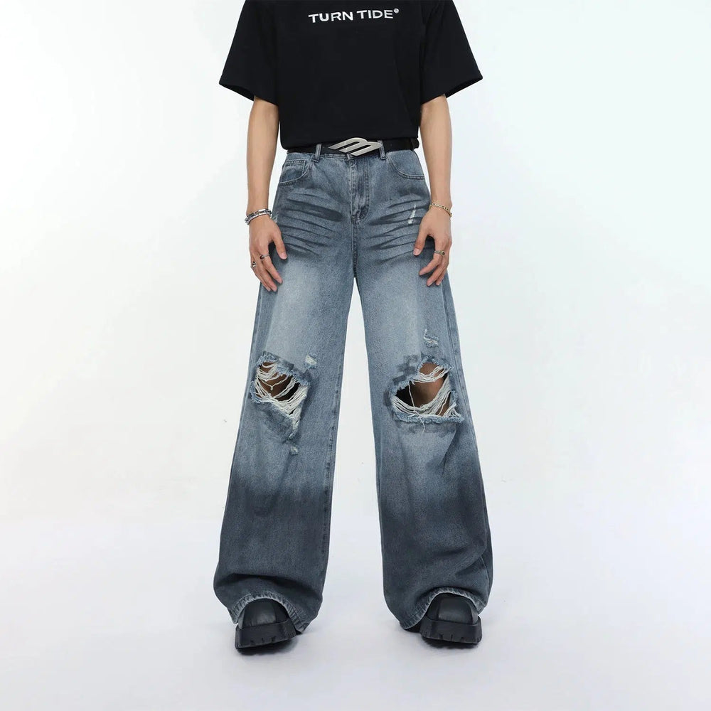 Wide-Leg Ripped Denim Jeans